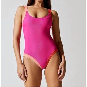 Beach Riot Linda Ribbed One Piece Swimsuit in Magenta Coral Sz L